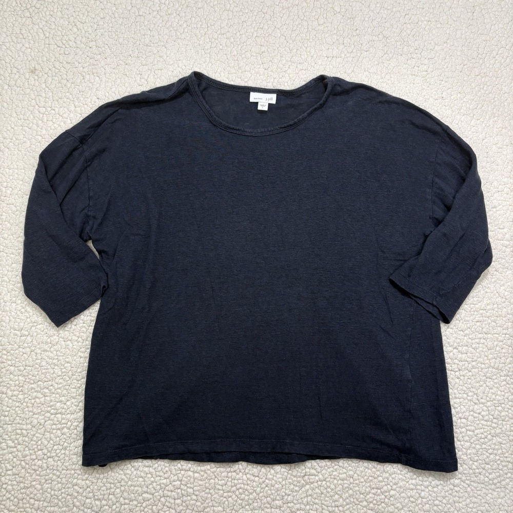 J. Jill Love Linen Knit Blouse Navy Blue 3/4 Sleeve Top Large Shirt Breathable - Picture 1 of 8
